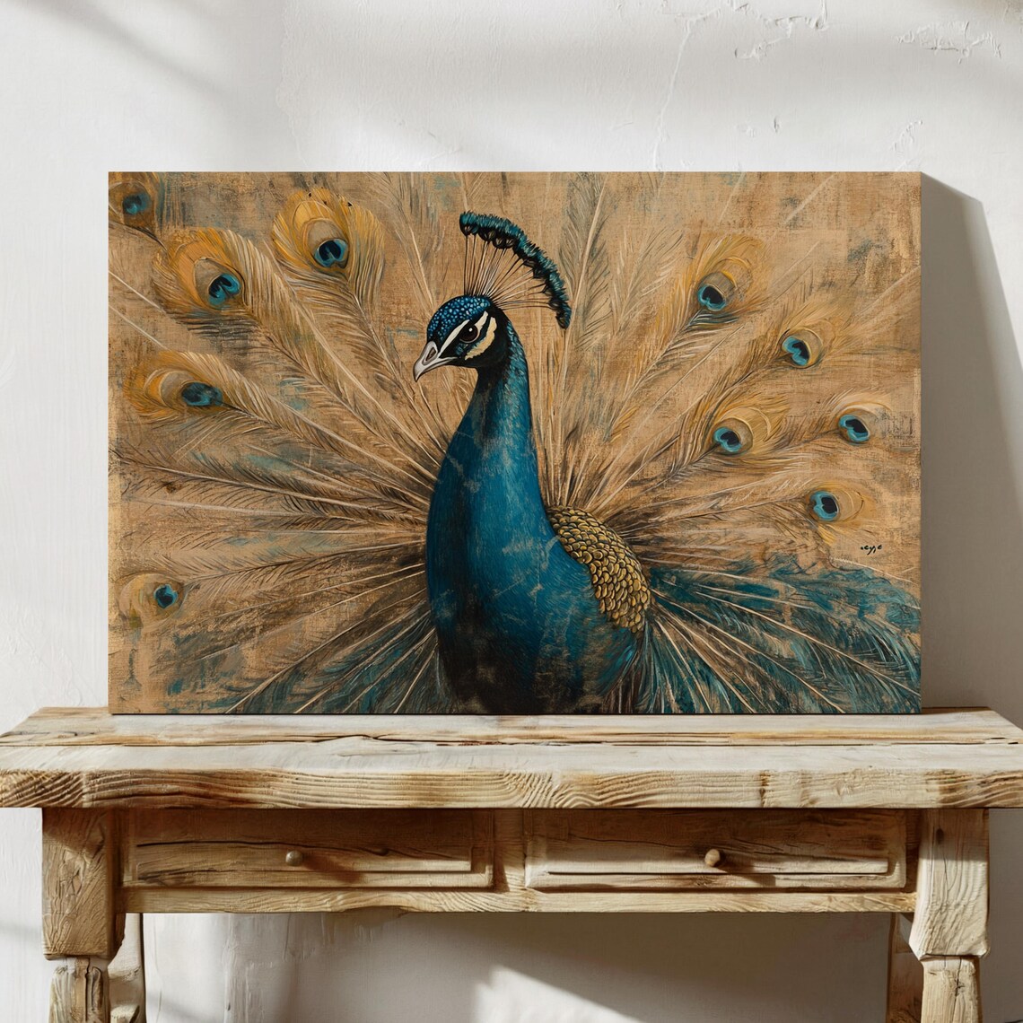 Vintage Peacock With Fanned Tail Teal Gold Elegant Bird Wall Art - Image 3