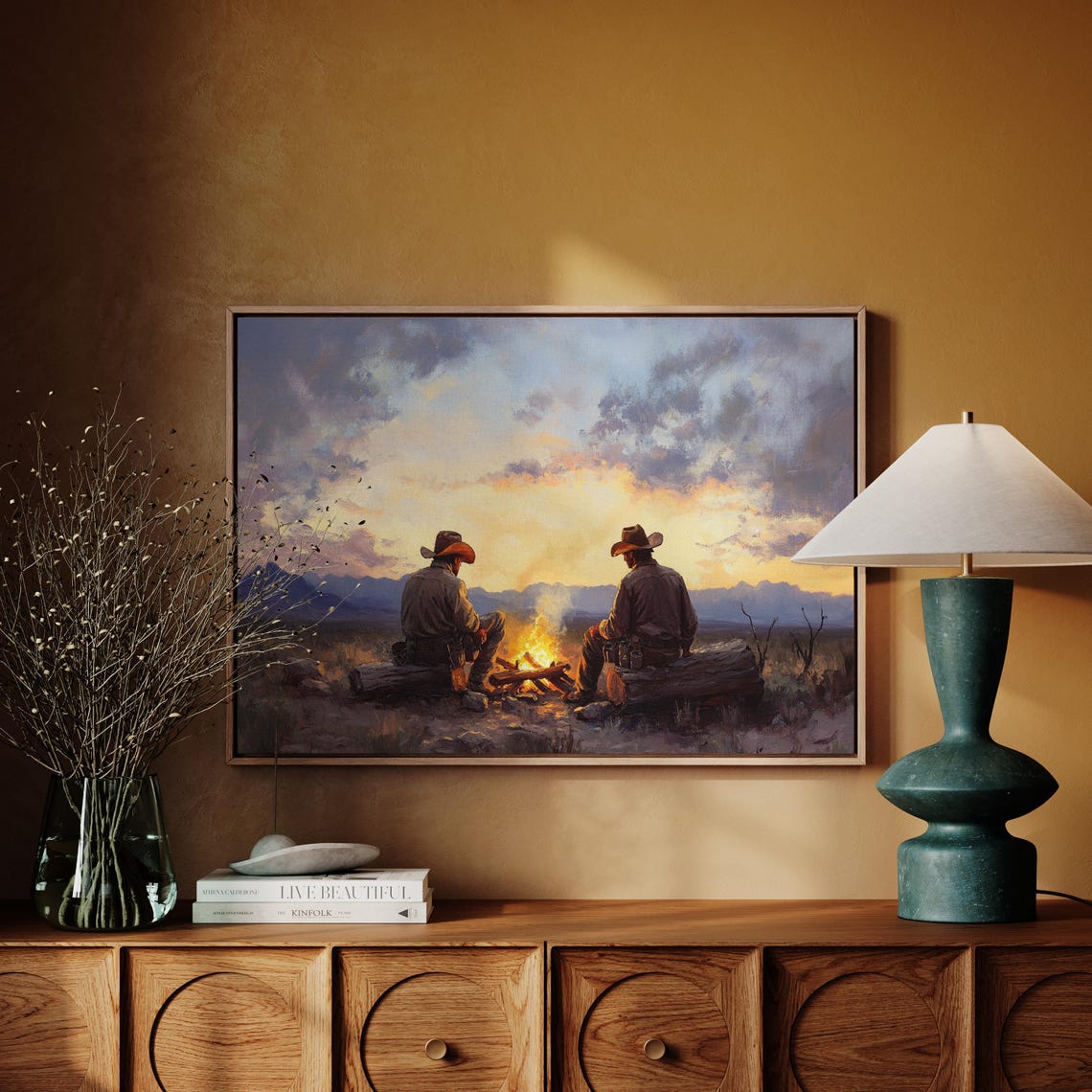 Cowboys By Campfire At Sunset Print Western Landscape Painting With Two Men Mountains And Firelight Scene - Image 3