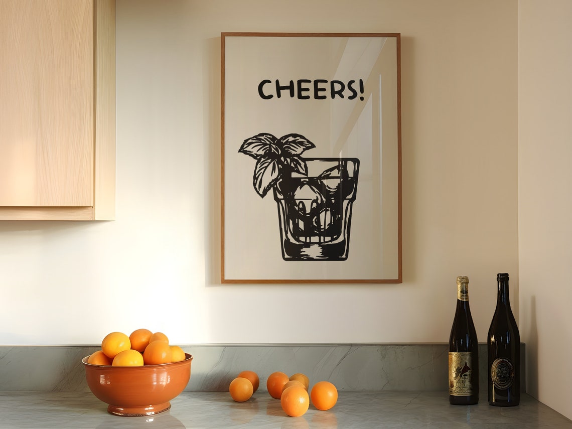 Cheers Cocktail Sketch Black White Fun Bar Cart Wall Poster Art - Image 4
