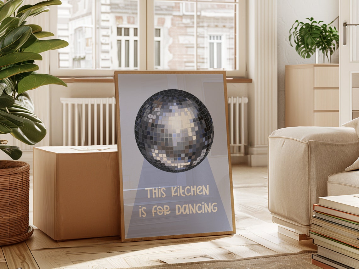 This Kitchen Is For Dancing Disco Ball Retro Blue Kitchen Wall Poster - Image 2