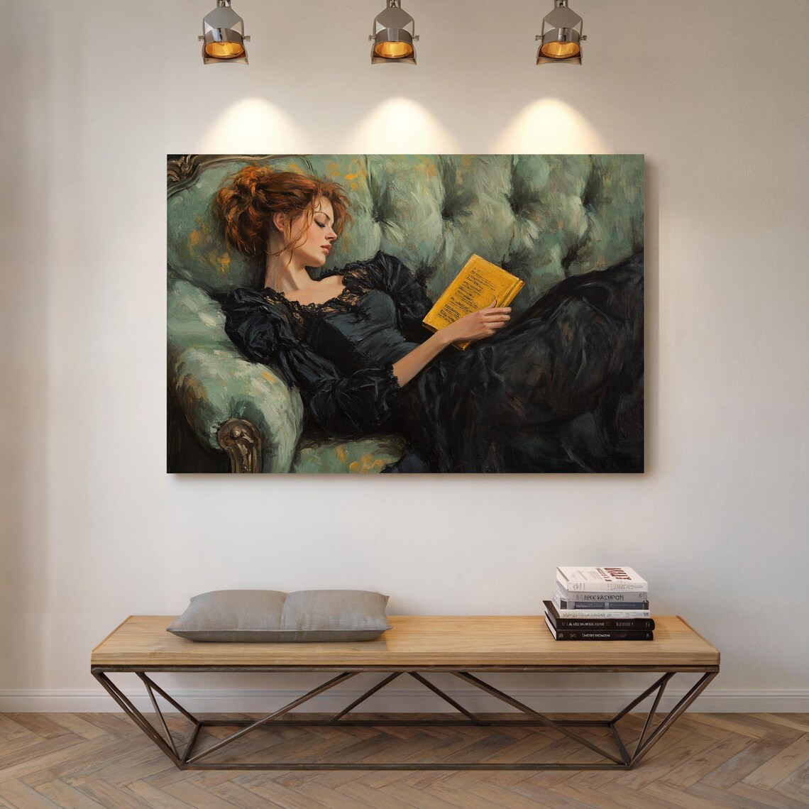 Woman Reading Black Dress Green Sofa Victorian Oil Painting Art Poster - Image 2
