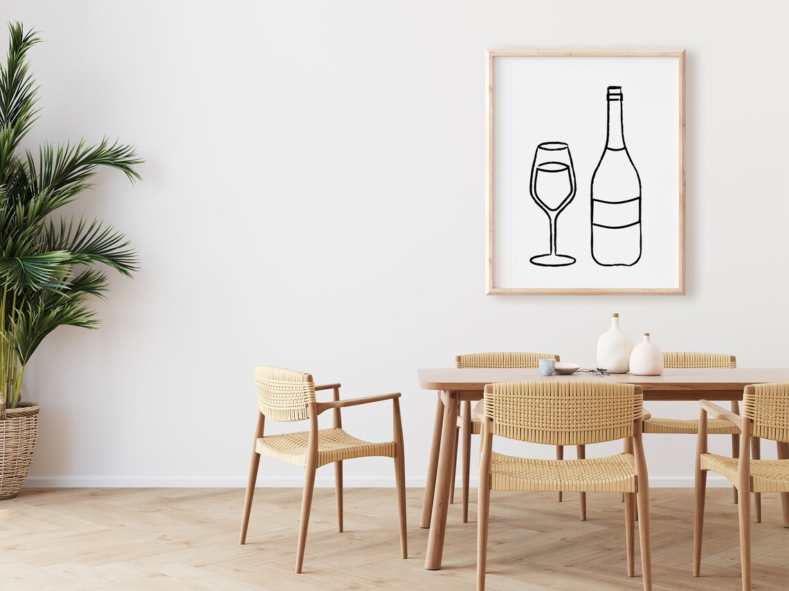 Wine Bottle And Glass Minimalist Black Line Art Kitchen Bar Modern Wall Art Print - Image 2