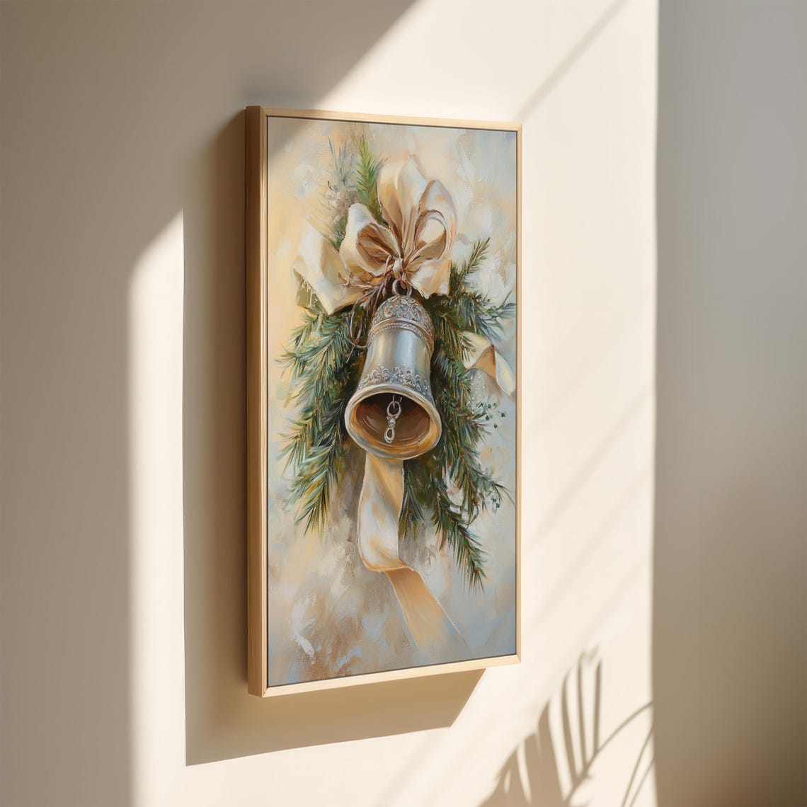 Elegant Silver Bell With Gold Ribbon Pine Branches Holiday Poster - Image 2