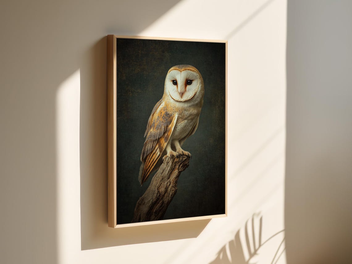 Barn Owl Perched on Branch Moody Wildlife Photography Wall Art Poster - Image 4