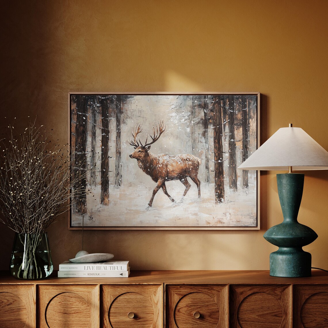 Majestic Elk In Snowy Winter Forest Rustic Wildlife Painting Style Print - Image 4