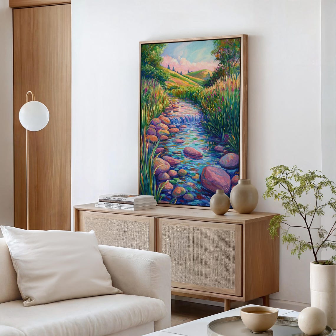 Serene Stream Landscape Painting Style Prints Vibrant Nature Scene With Flowing Water And Lush Greenery - Image 3