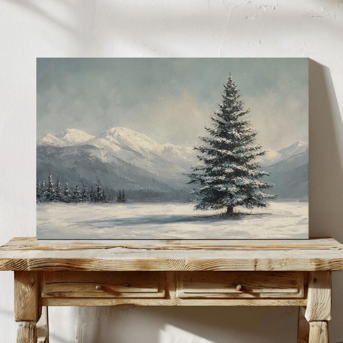 Snow Covered Pine Tree With Mountain Backdrop Serene Winter Print