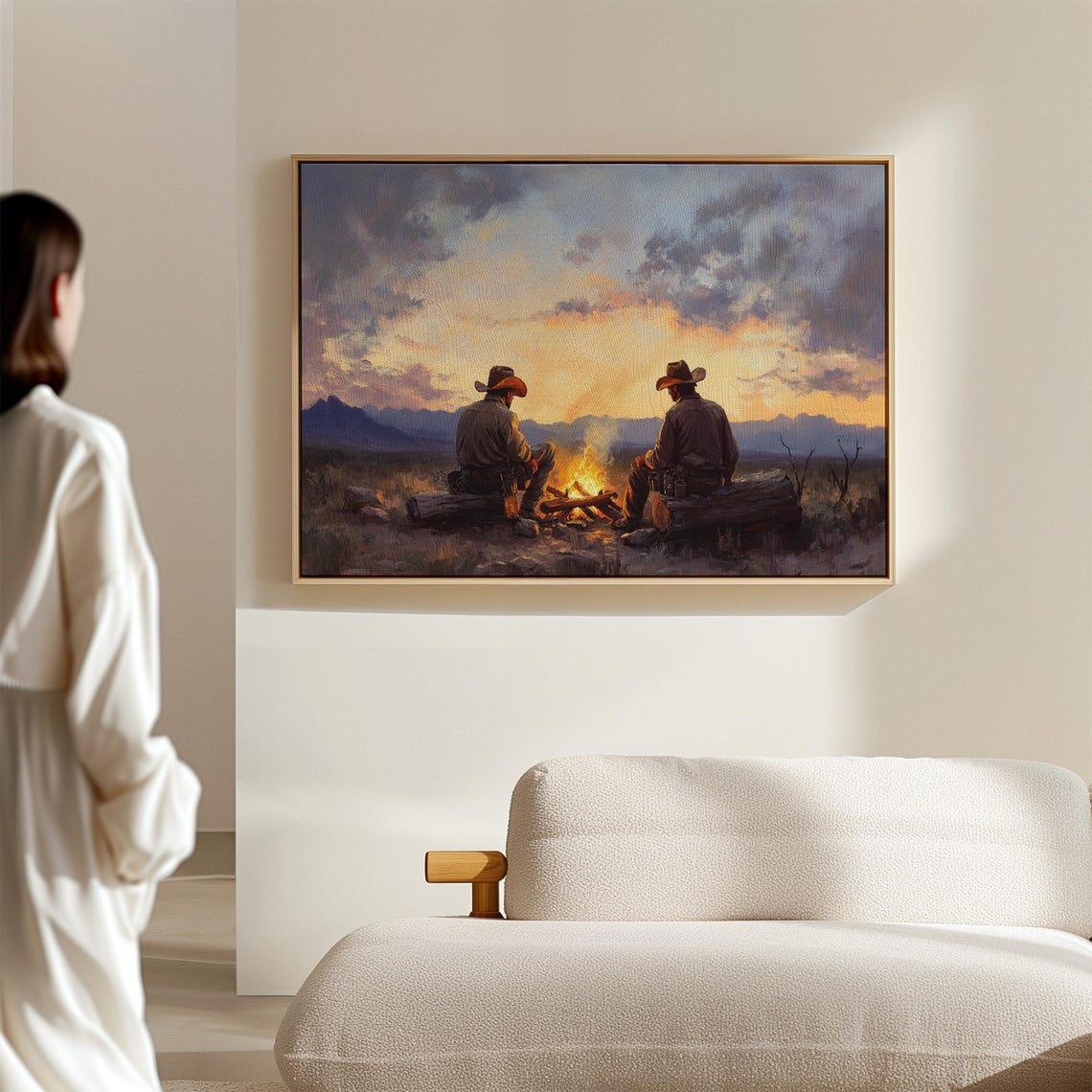 Cowboys By Campfire At Sunset Print Western Landscape Painting With Two Men Mountains And Firelight Scene - Image 2