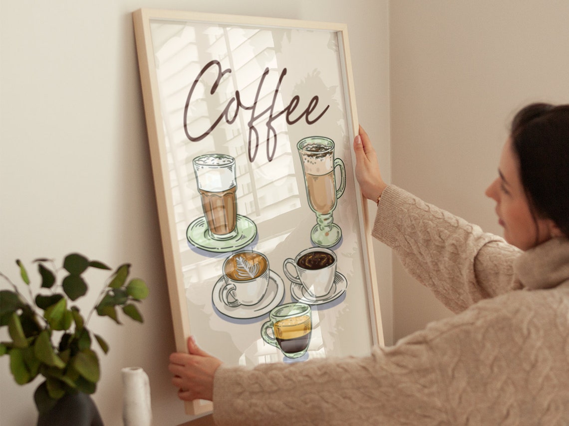 Coffee Bar Retro Script Five Coffee Cups Beige Kitchen Art Poster - Image 4
