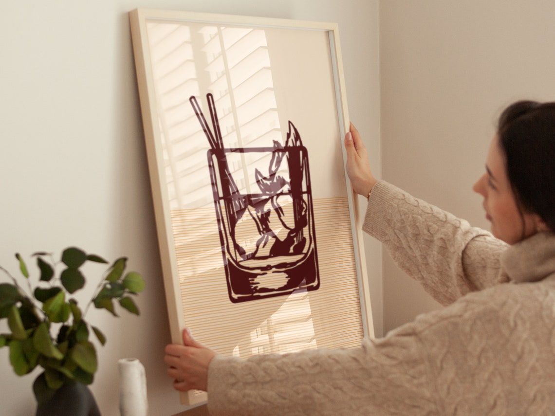 Old Fashioned Cocktail Line Art Retro Bar Cart Whiskey Drink Wall Art - Image 4