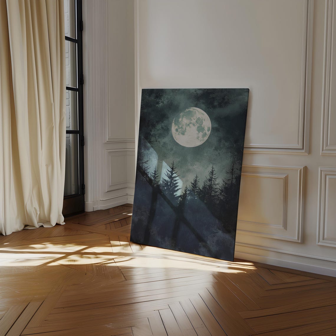 Full Moon Over Dark Pine Forest Night Sky Celestial Wall Poster - Image 2