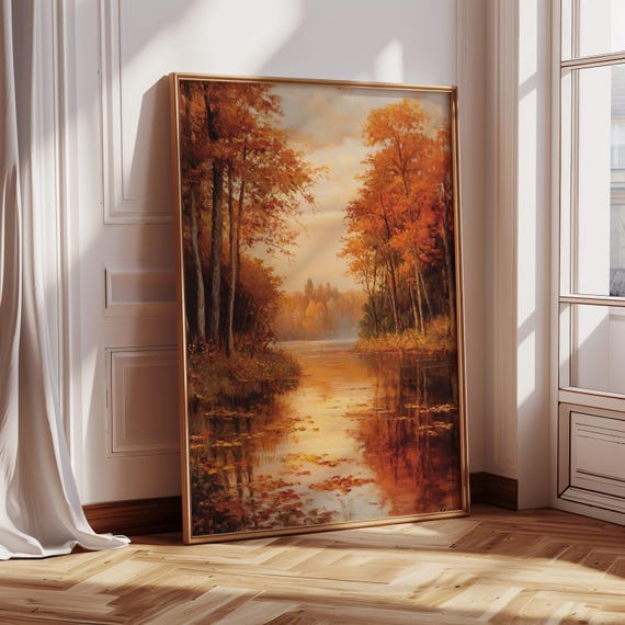 Golden Autumn Forest River Landscape Art Print