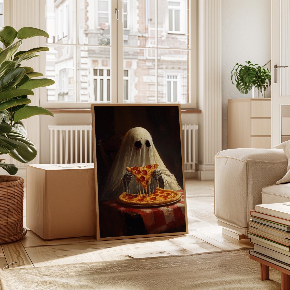 Creepy Ghost Eating Pizza, Horror Foodie Art Print - Image 2