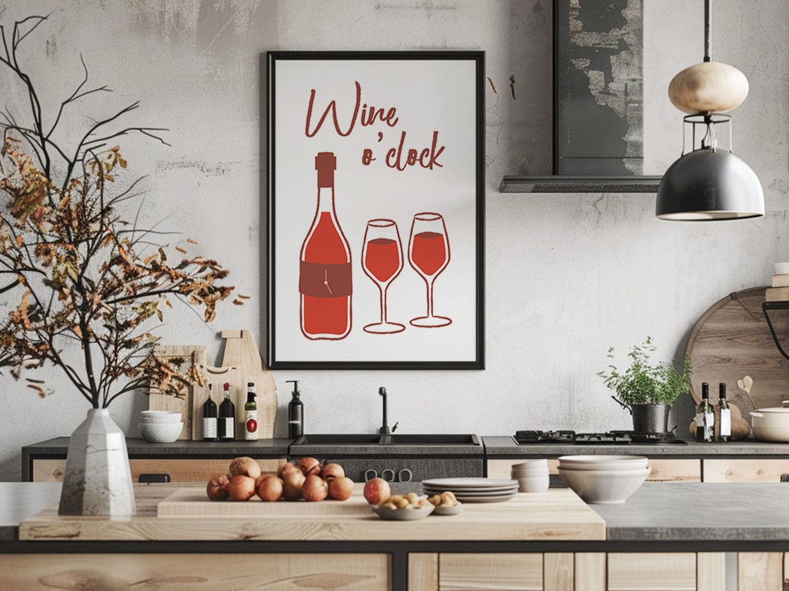 Wine O Clock Hand Lettered Bar Kitchen Quote Typography Poster - Image 4