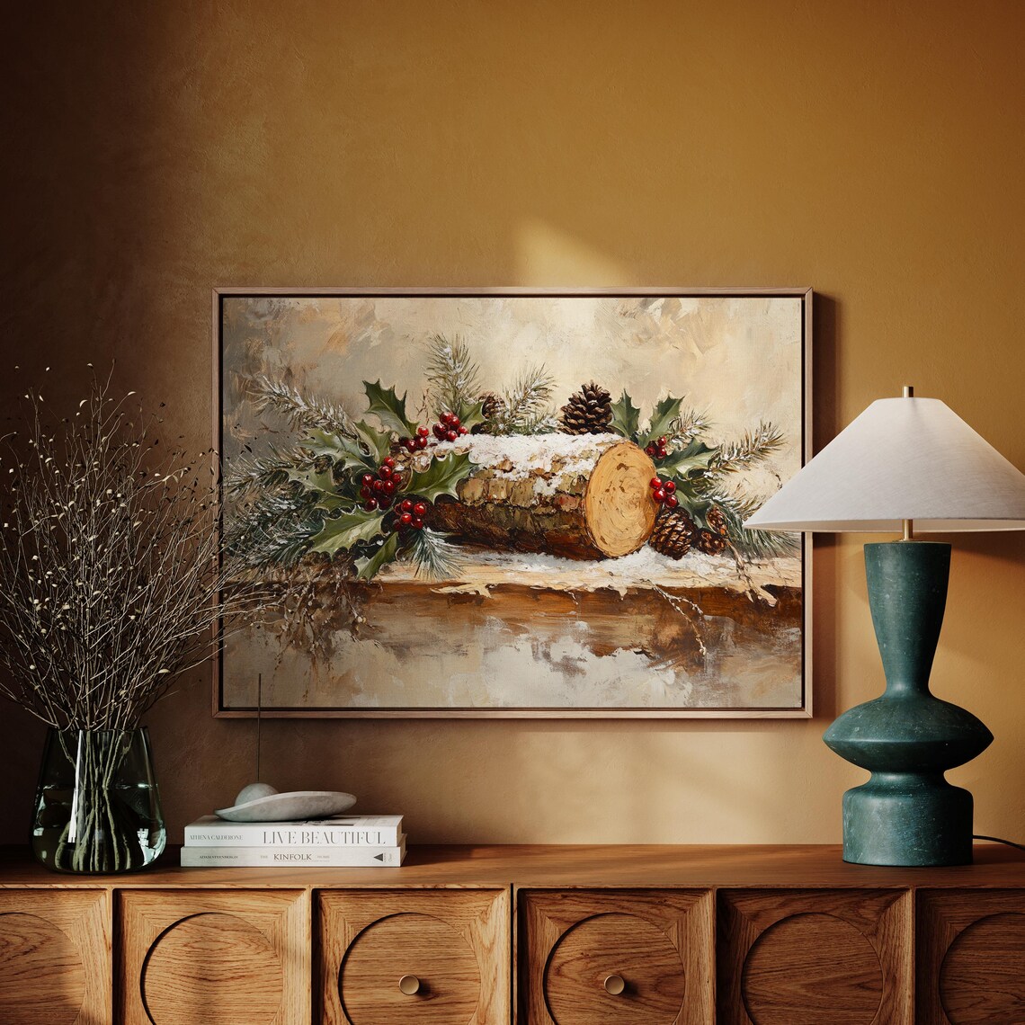 Vintage Christmas Log With Holly Pinecones And Snow Holiday Poster - Image 3