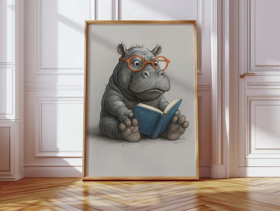 Cute Baby Hippo Reading, Funny Animal Decor