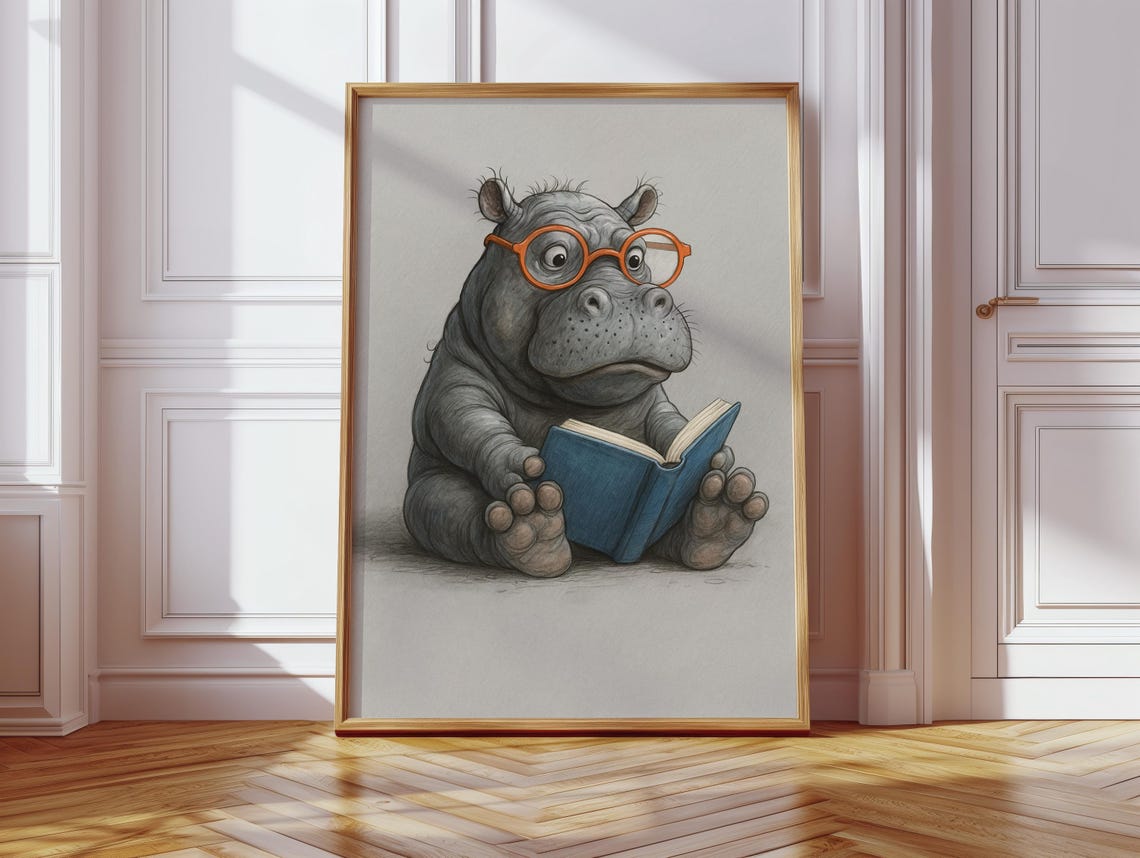 Cute Baby Hippo Reading, Funny Animal Decor
