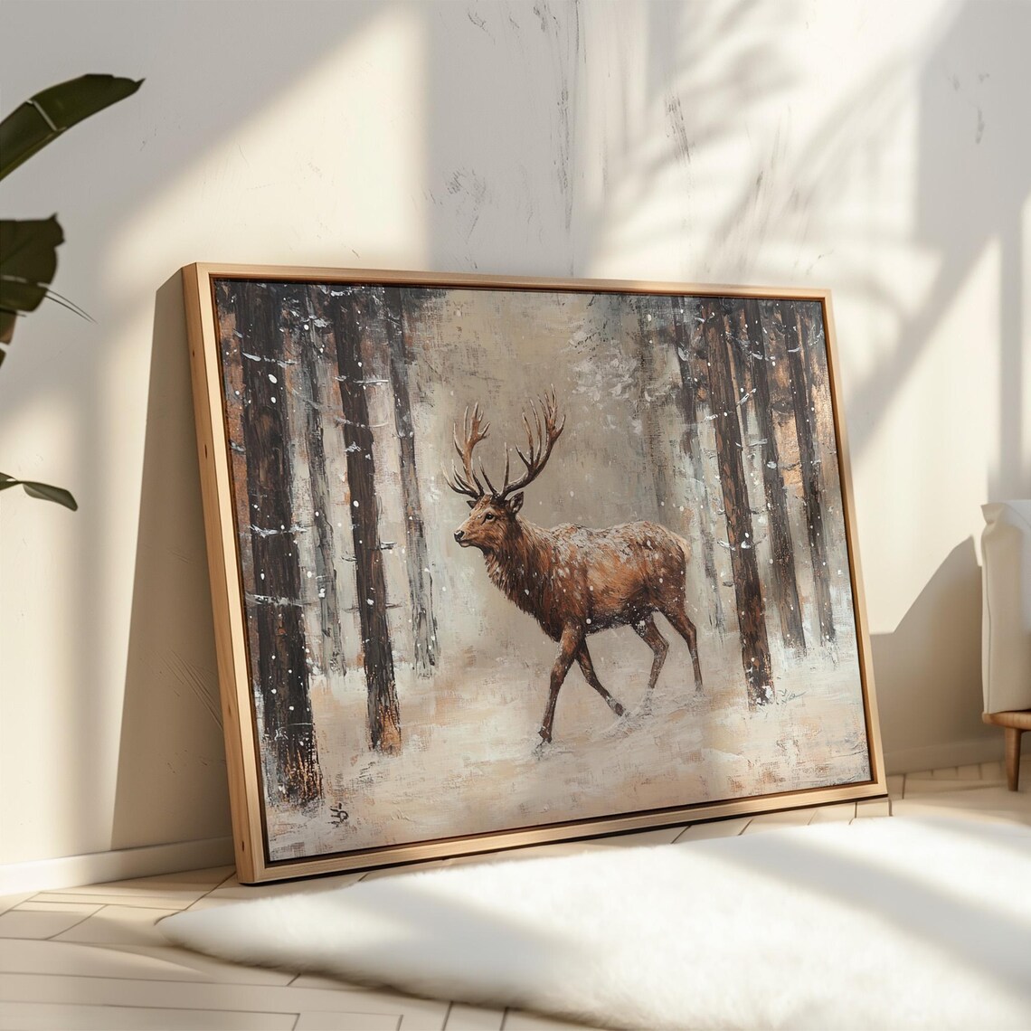 Majestic Elk In Snowy Winter Forest Rustic Wildlife Painting Style Print - Image 3