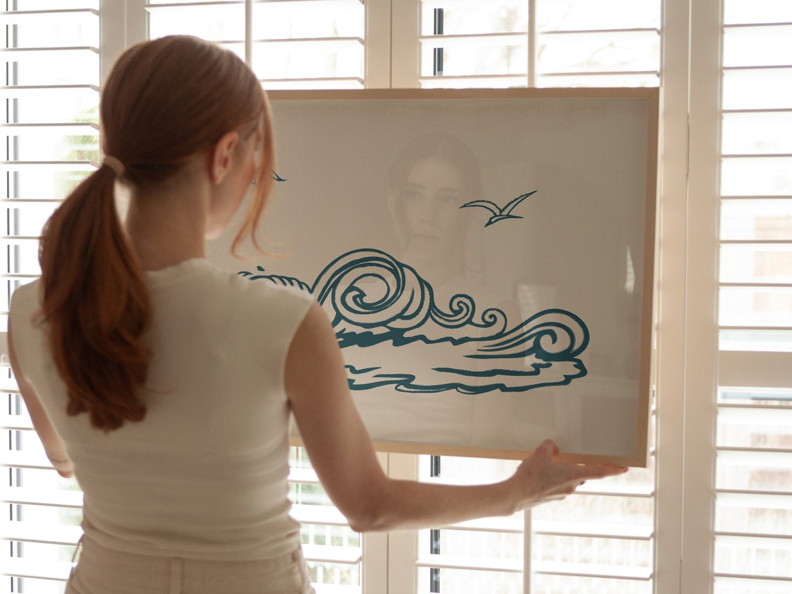 Teal Ocean Wave Line Art Seagull Minimalist Beach Coastal Poster - Image 4
