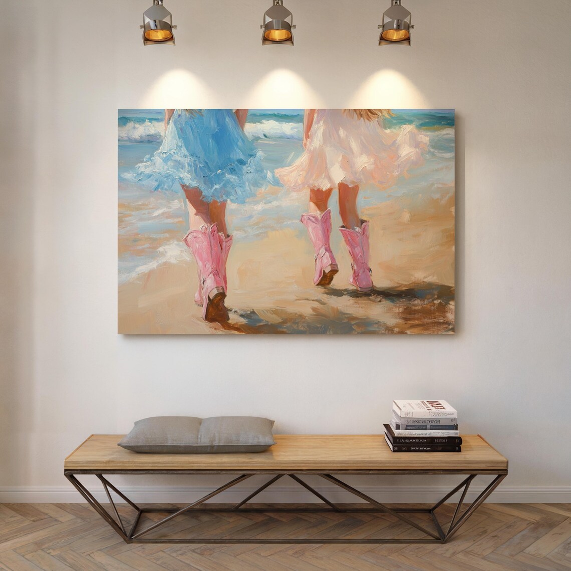 Girls In Pink Cowboy Boots Walking Beach Surf Impressionist Art Poster - Image 3