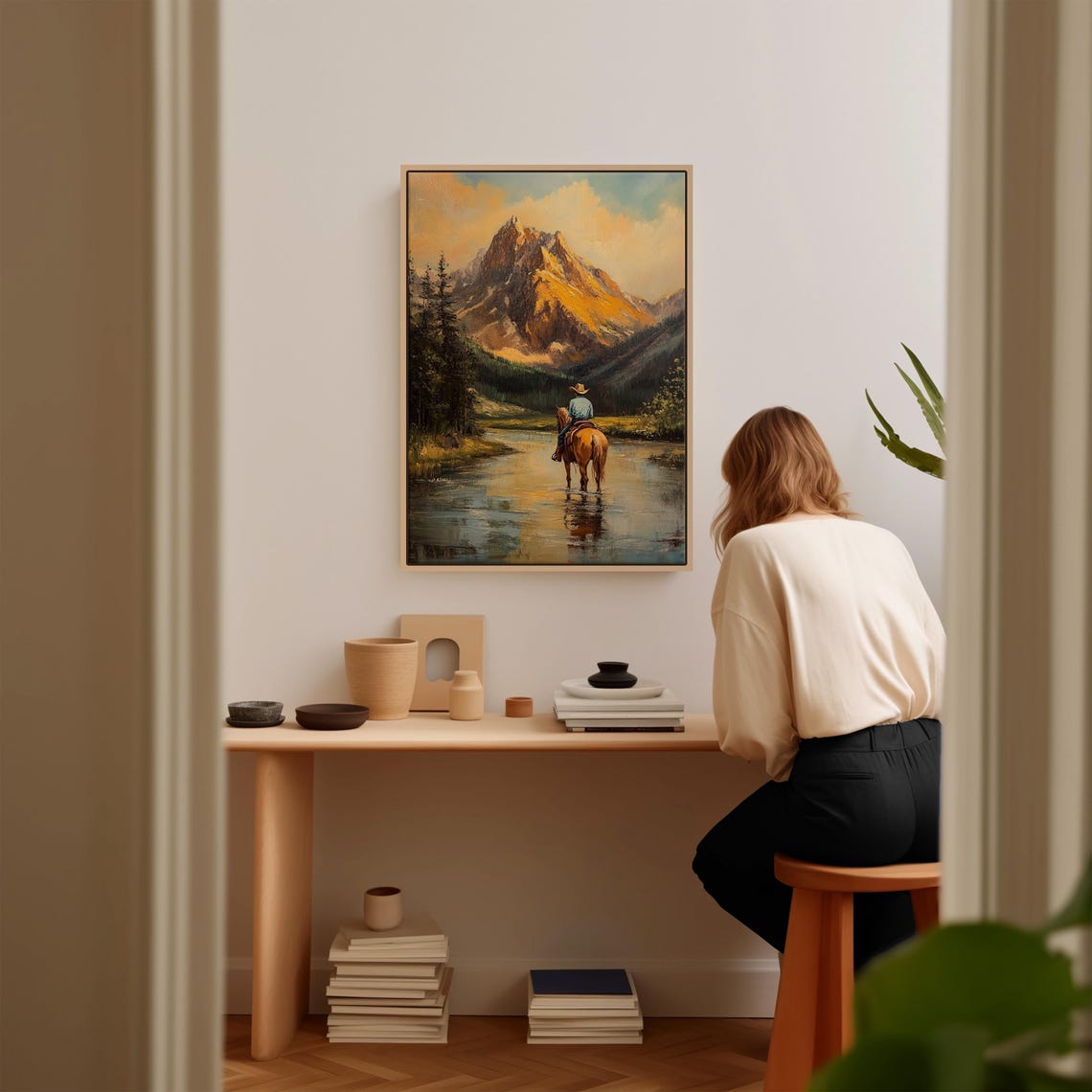 Cowboy Crossing River Western Landscape Painting Rustic Mountain Scene Horseback Riding Art Print For Ranch Decor - Image 3