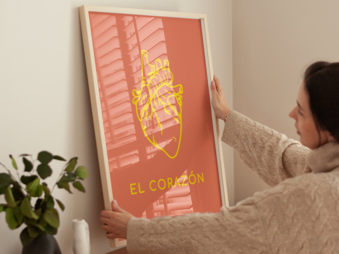 El Corazon Anatomical Heart Yellow on Coral Spanish Wall Art - Image 2