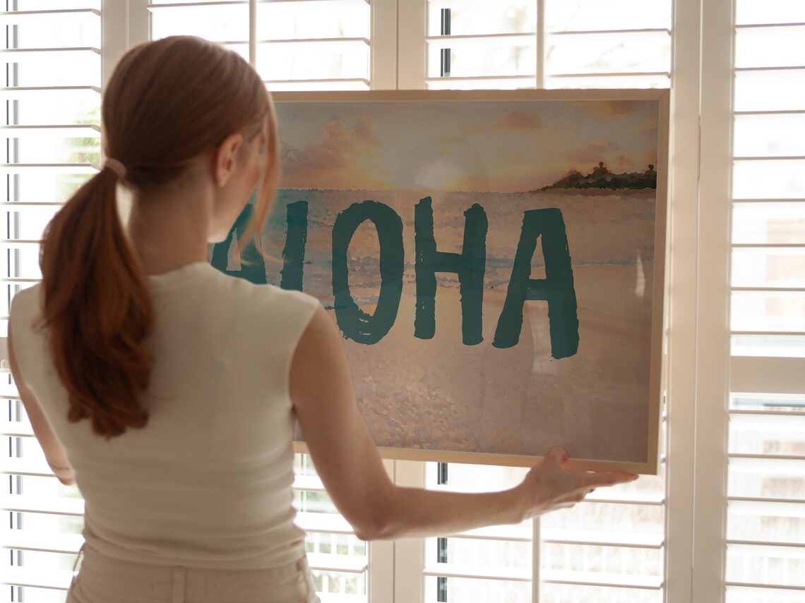 Aloha Teal Lettering Beach Sunrise Watercolor Tropical Poster - Image 4