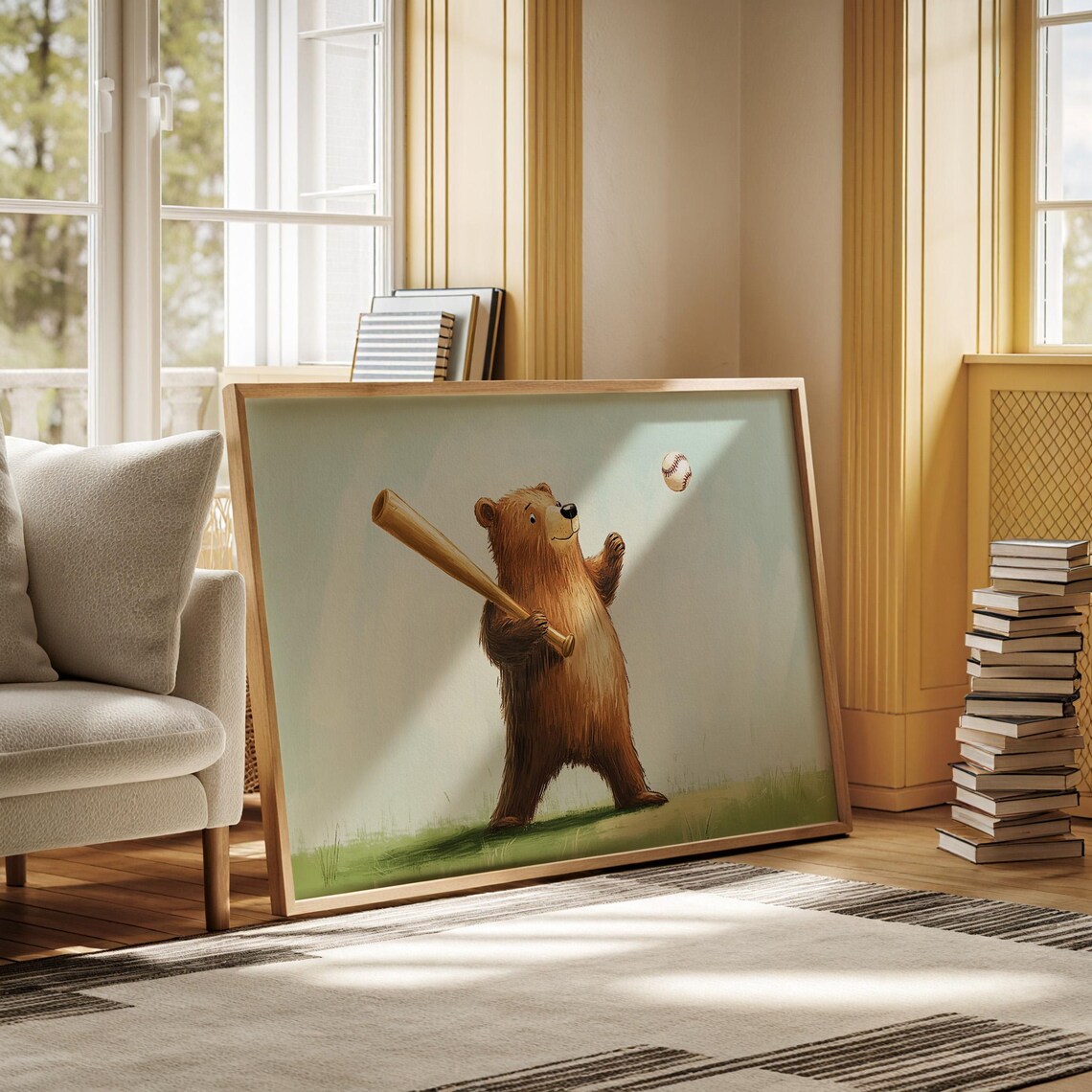 Playful Brown Bear Playing Baseball Whimsical Kids Room Sports Print - Image 4