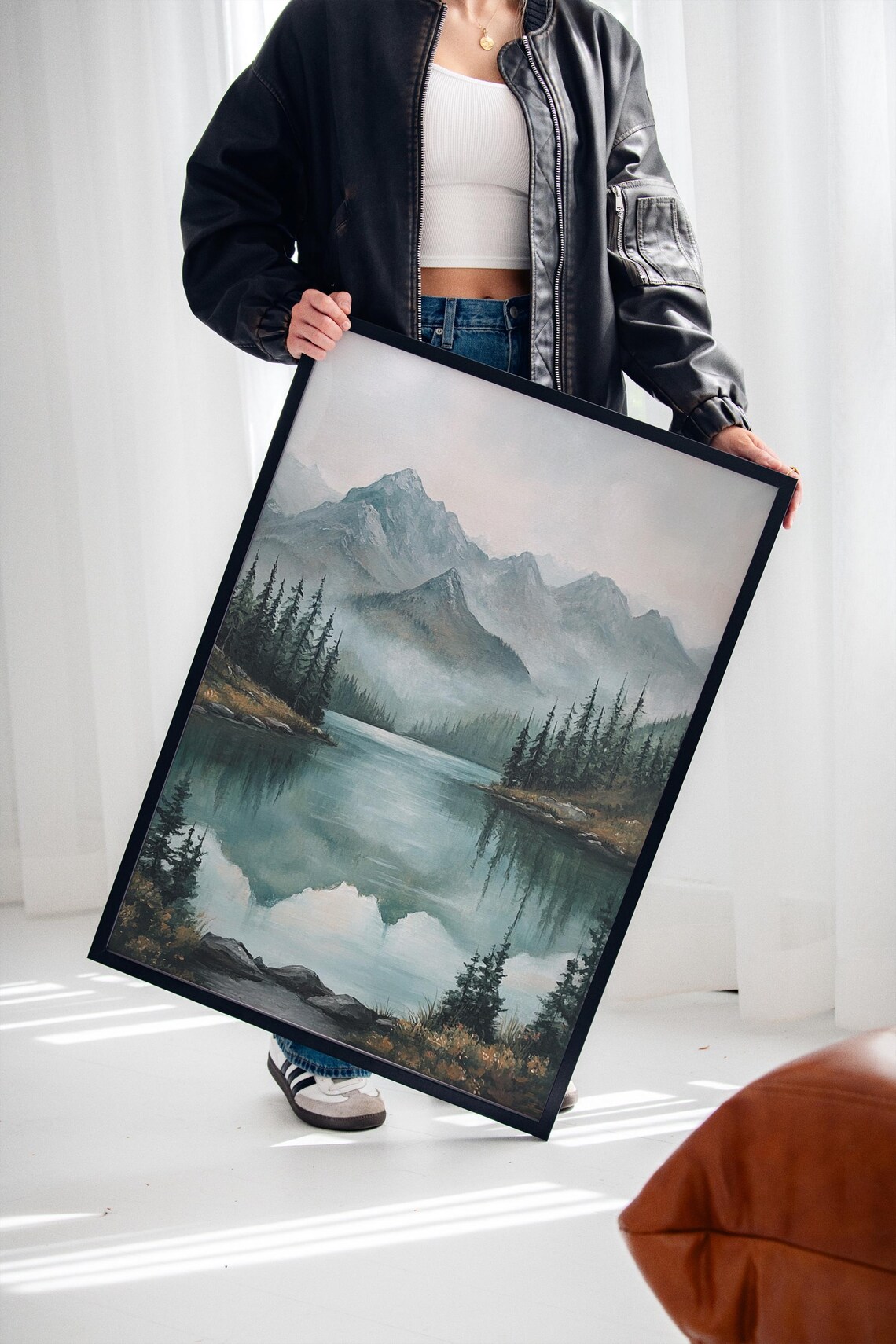 Tranquil Mountain Lake, Misty Forest Landscape Art Print - Image 5