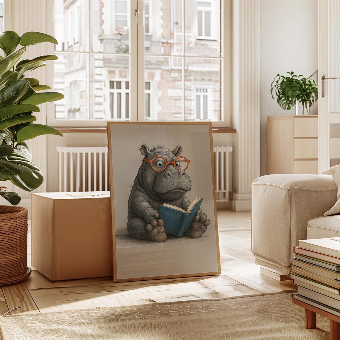 Cute Baby Hippo Reading, Funny Animal Decor - Image 4