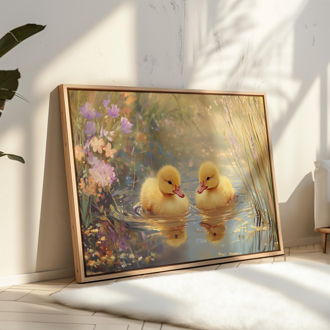 Adorable Ducklings In A Tranquil Pond, Whimsical Nature Art