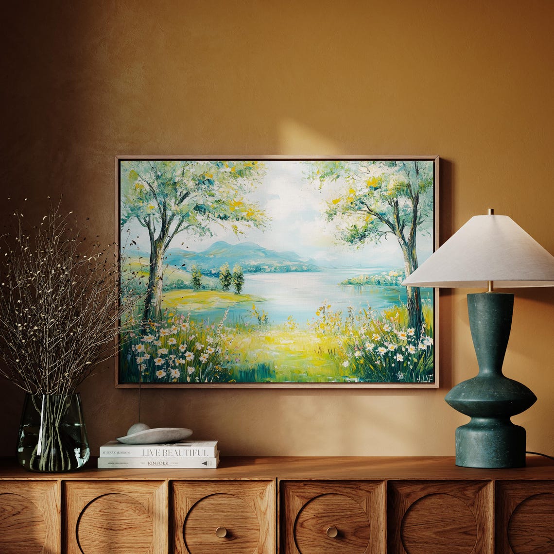 Bright Lakeside View With Wildflowers And Trees Cheerful Nature Poster - Image 2
