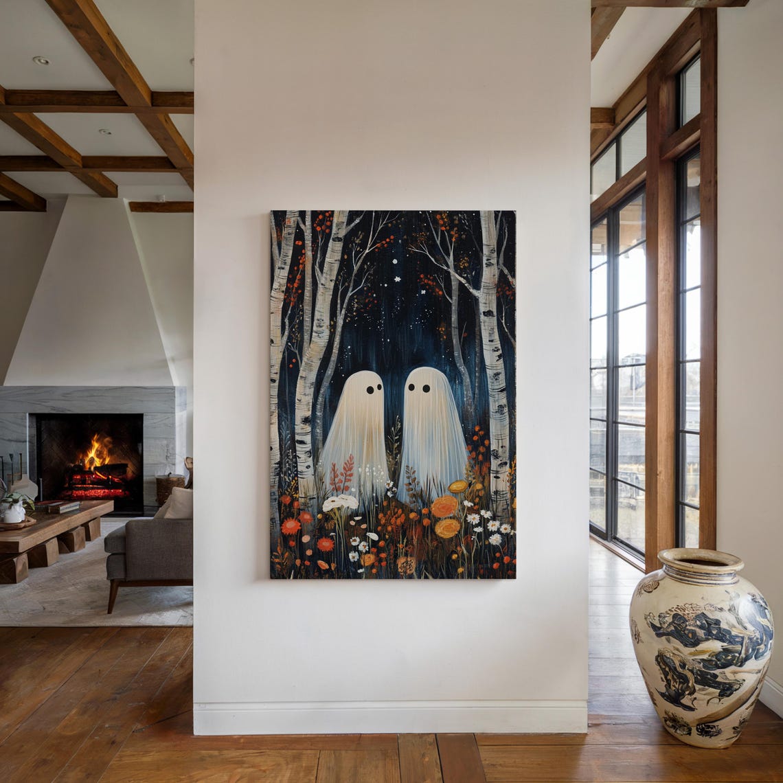 Two Friendly Ghosts in Birch Woods Fall Flowers Halloween Wall Print - Image 2