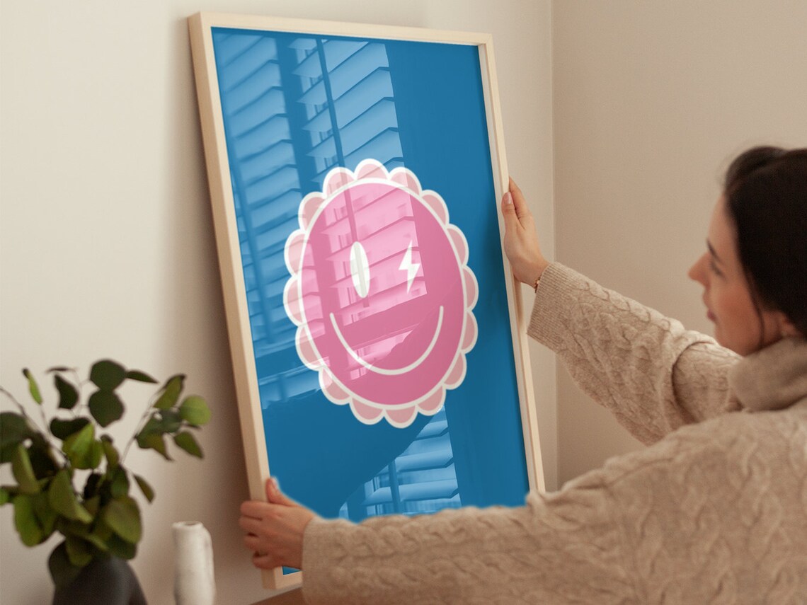 Cute Pink Smiley Face Bolt Eye On Blue Retro Preppy Aesthetic Poster