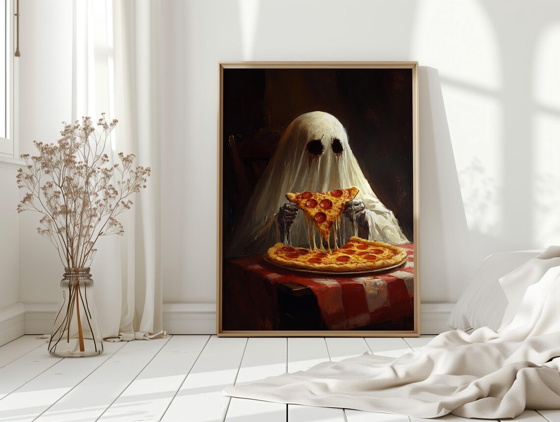 Creepy Ghost Eating Pizza, Horror Foodie Art Print - Image 3