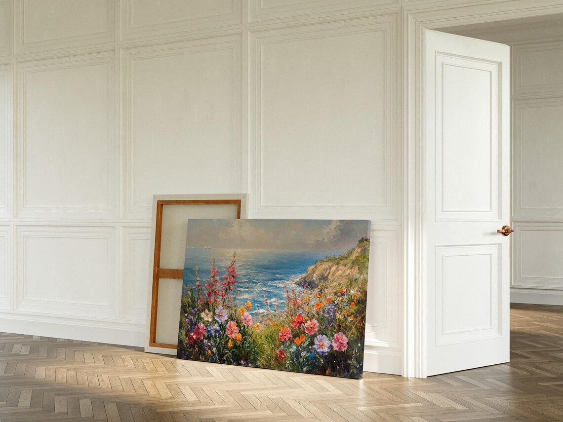 Wildflower Cliff Coastal Ocean View Vibrant Floral Seascape Wall Art - Image 3