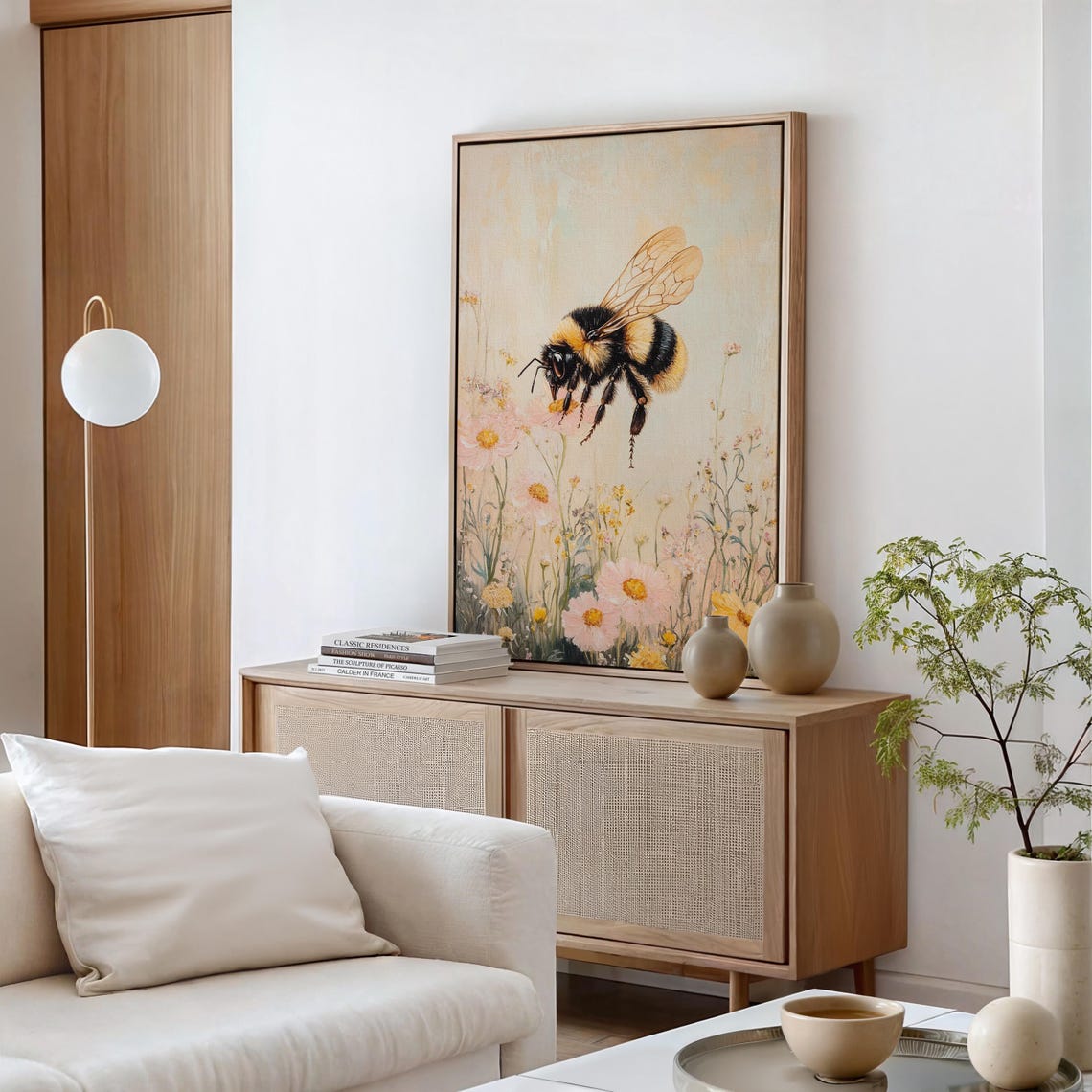 Bumblebee Hovering Over Pink Wildflowers Pastel Botanical Print - Image 2