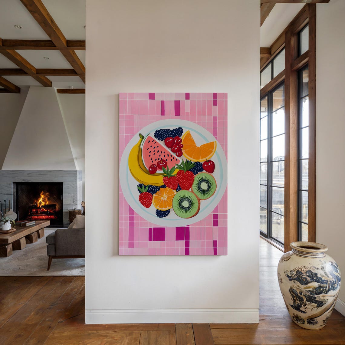 Colorful Fruit Plate Watermelon Kiwi Berries Pink Checkered Art Poster - Image 4
