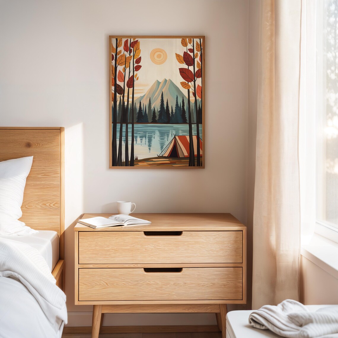 Autumn Camping Art Print, Tranquil Mountain Lake Scene - Image 3