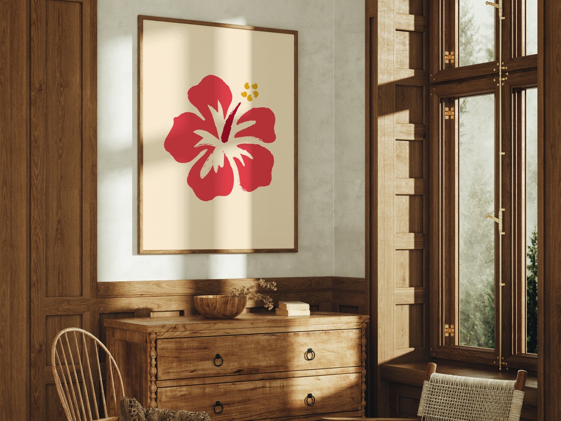 Bold Red Hibiscus Flower Minimalist Tropical Botanical Wall Art - Image 4