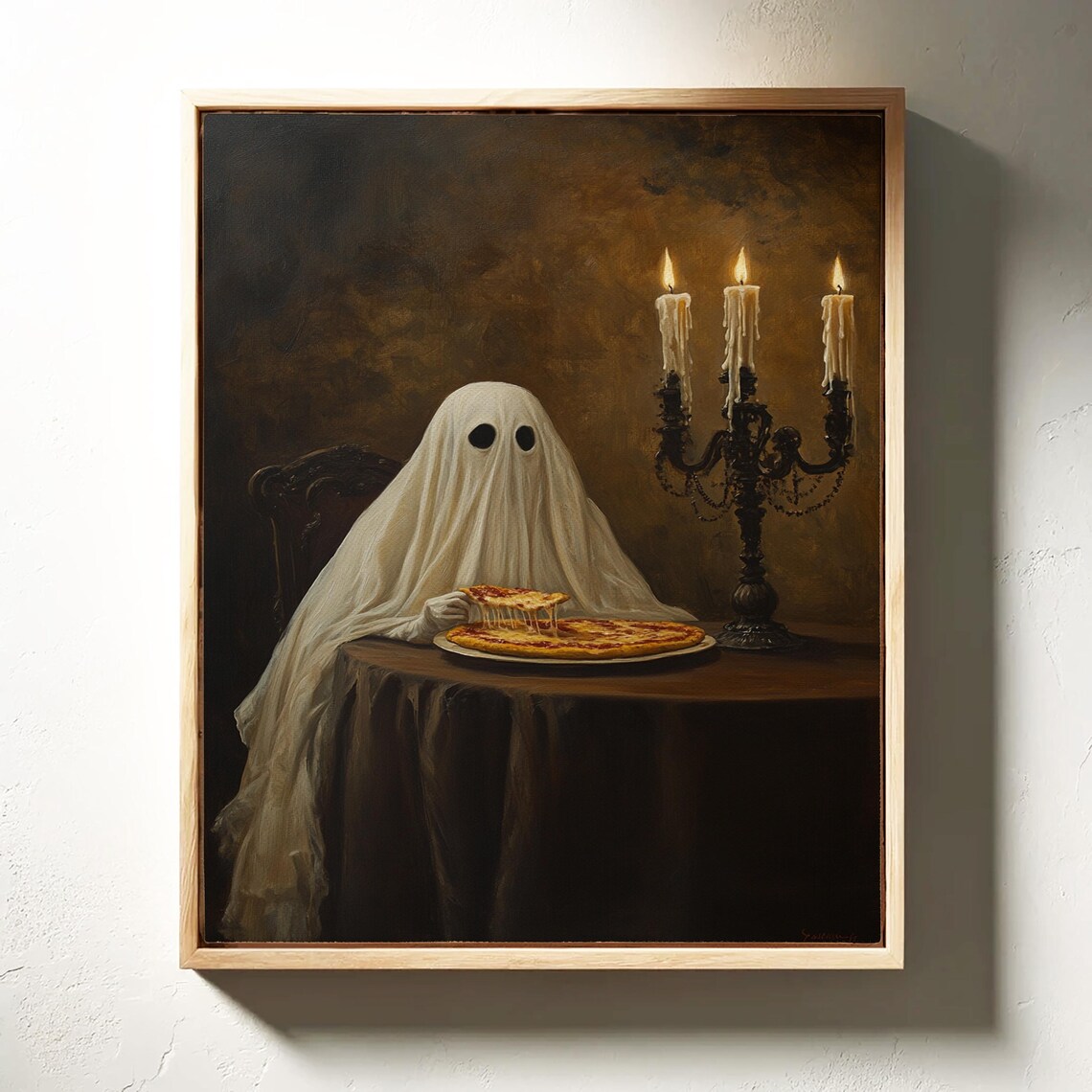 Ghost Enjoying Pizza Slice Candlelit Halloween Gothic Spooky Art Poster - Image 4