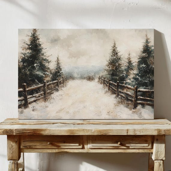 Winter Pathway Through Snowy Pines Rustic Landscape Wall Art Print For Cozy Seasonal Home Decor