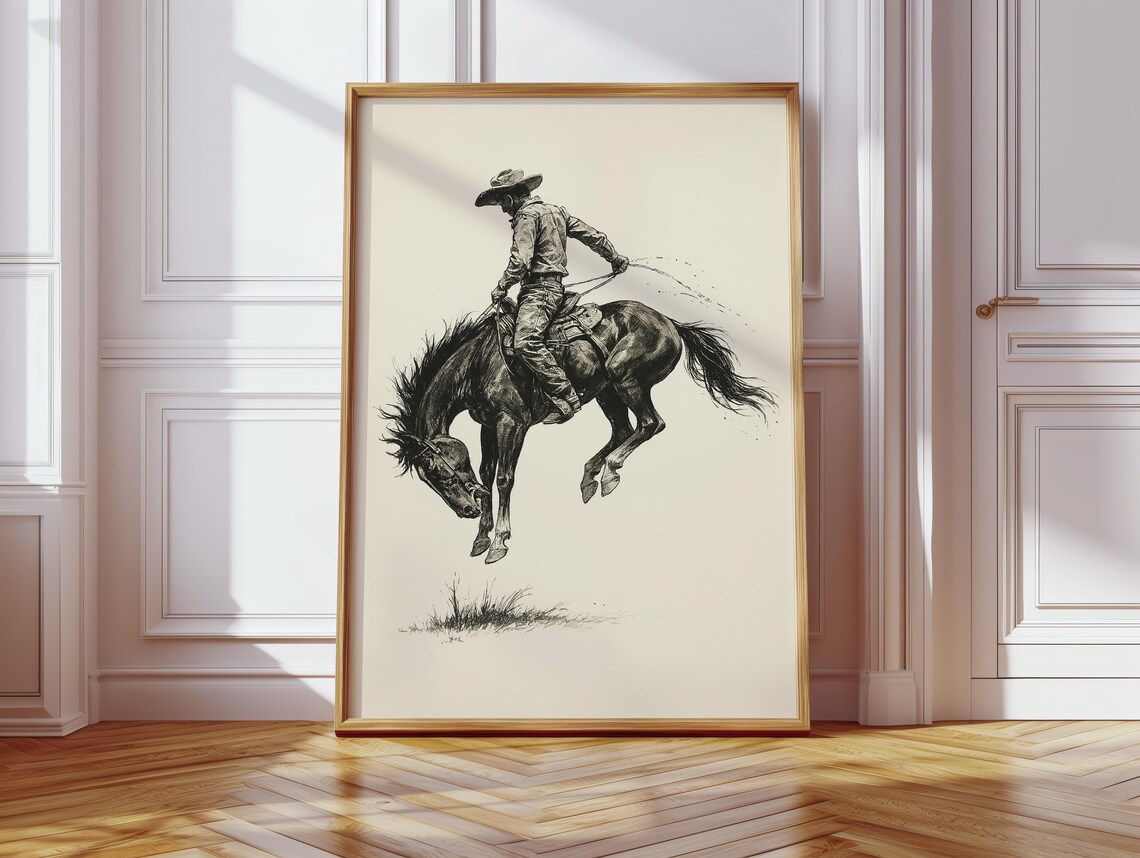 Western Cowboy Riding A Bucking Horse, Vintage Rodeo Ink Drawing - Image 2
