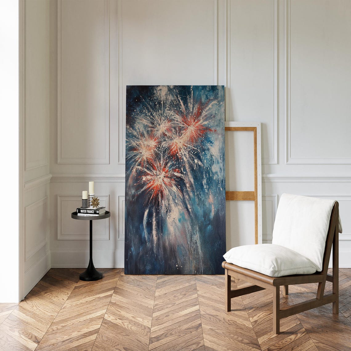 Abstract Fireworks Burst Red And White On Navy Night Modern Art Poster - Image 2