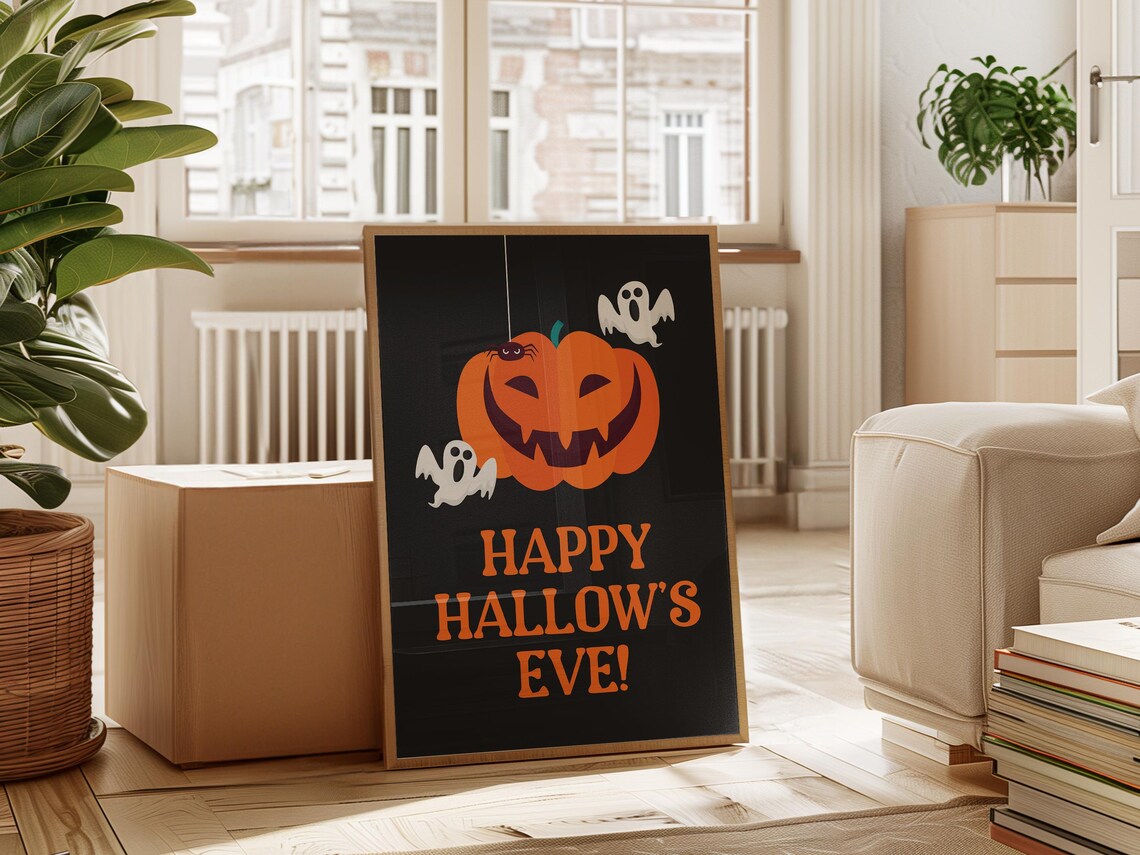 Happy Hallows Eve Jack O Lantern And Ghosts Black Orange Halloween Poster - Image 2