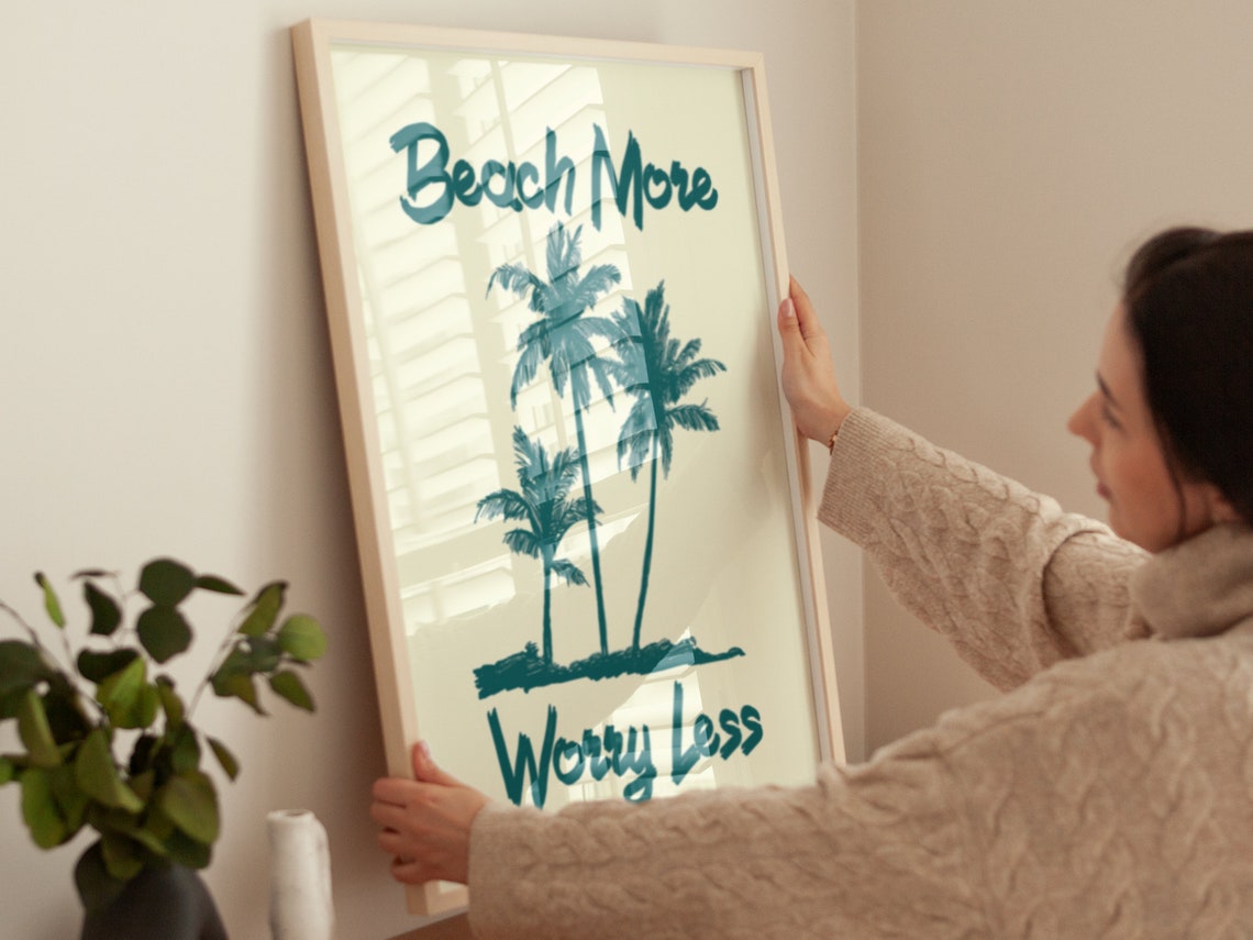 Beach More Worry Less Palm Tree Tropical Surf Quote Wall Poster - Image 3