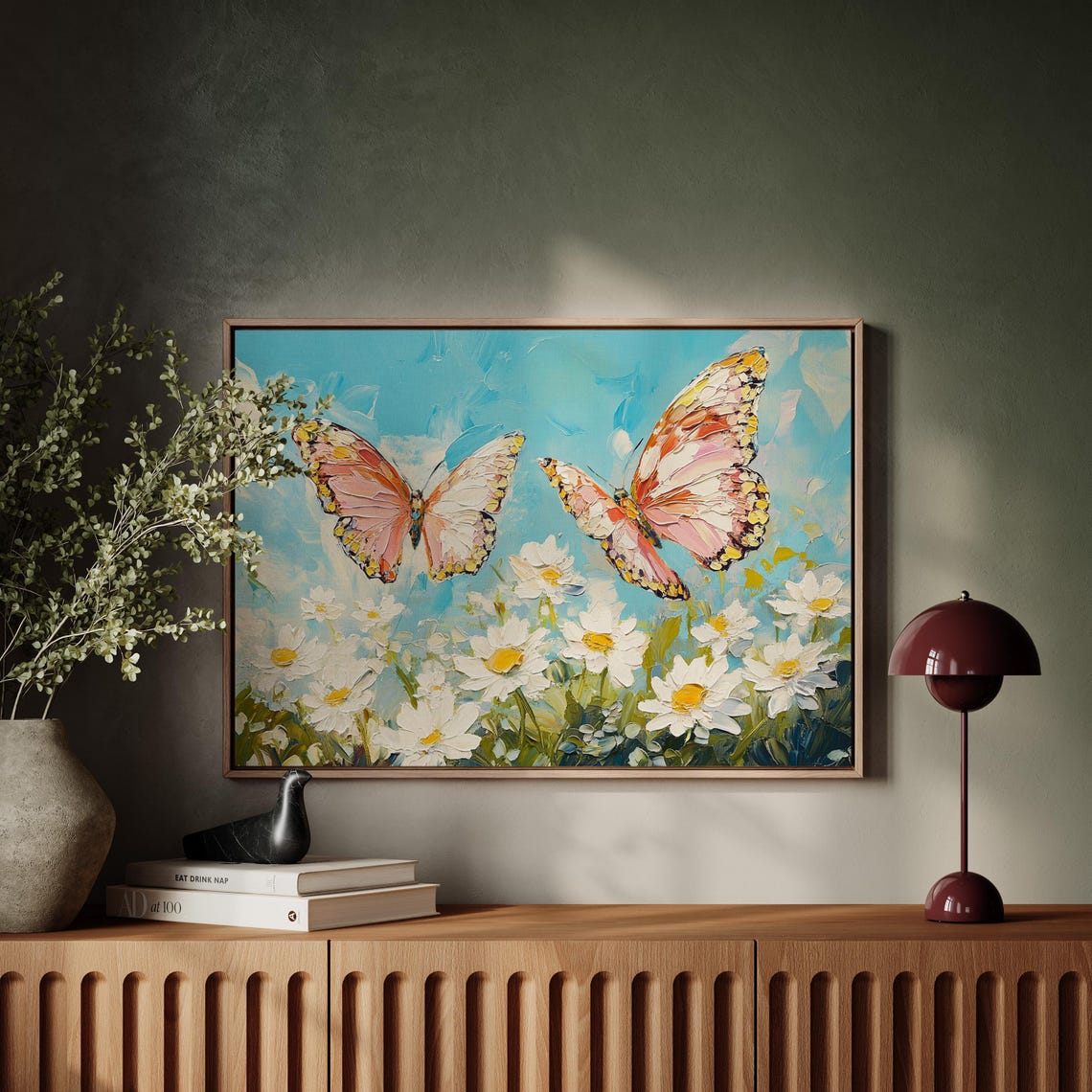 Coral Butterflies Fluttering Over Daisies Turquoise Sky Art Print - Image 2