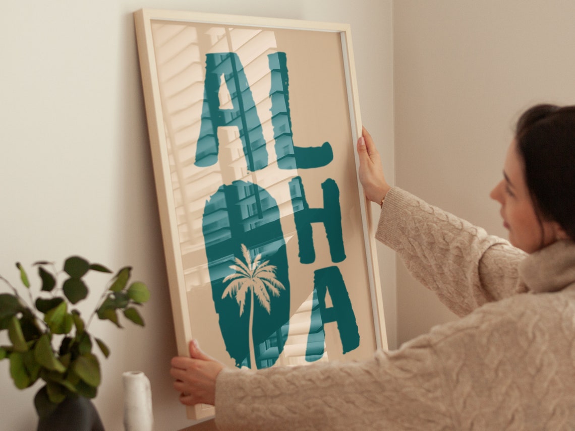 Aloha Palm Tree Teal Block Letters Tropical Beach House Art Poster - Image 3