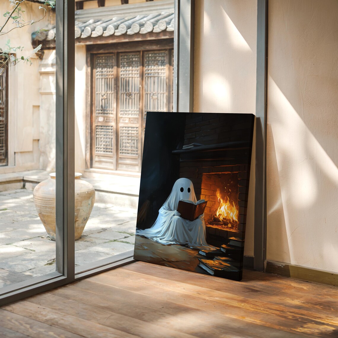 Cozy Ghost Reading By The Fireplace, Winter Gothic Art - Image 4