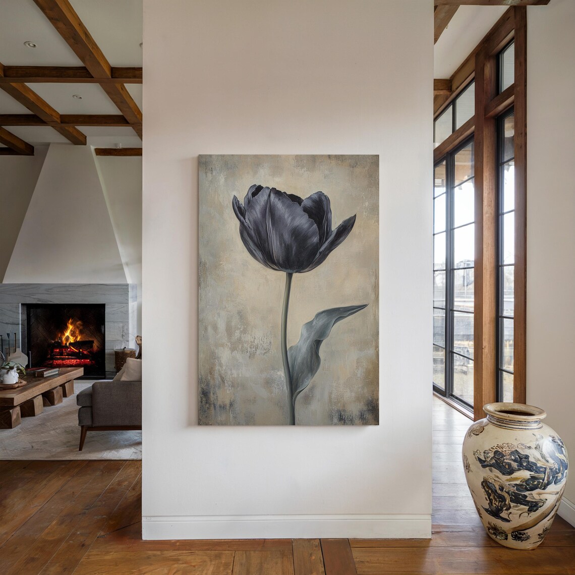 Elegant Black Tulip Painting, Modern Floral Decor - Image 4